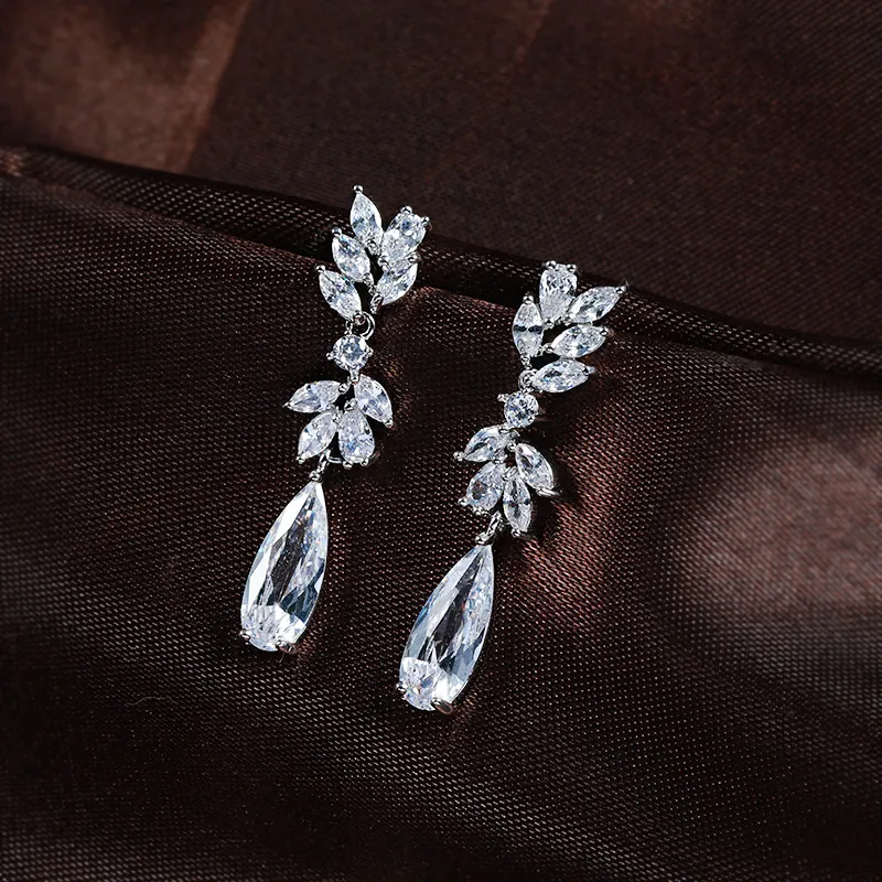 Copper Zircon Drop Earrings With 925 Sterling Silver Earring Post Marquise Leaf Waterdrop Wedding Elegant Fashion Women