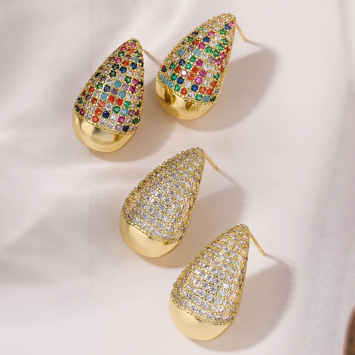 Pendientes De Gota De Cobre Chapado En Oro Con Circonita Cúbica Colorida Micro Pavé Joyería De Moda Para Mujeres