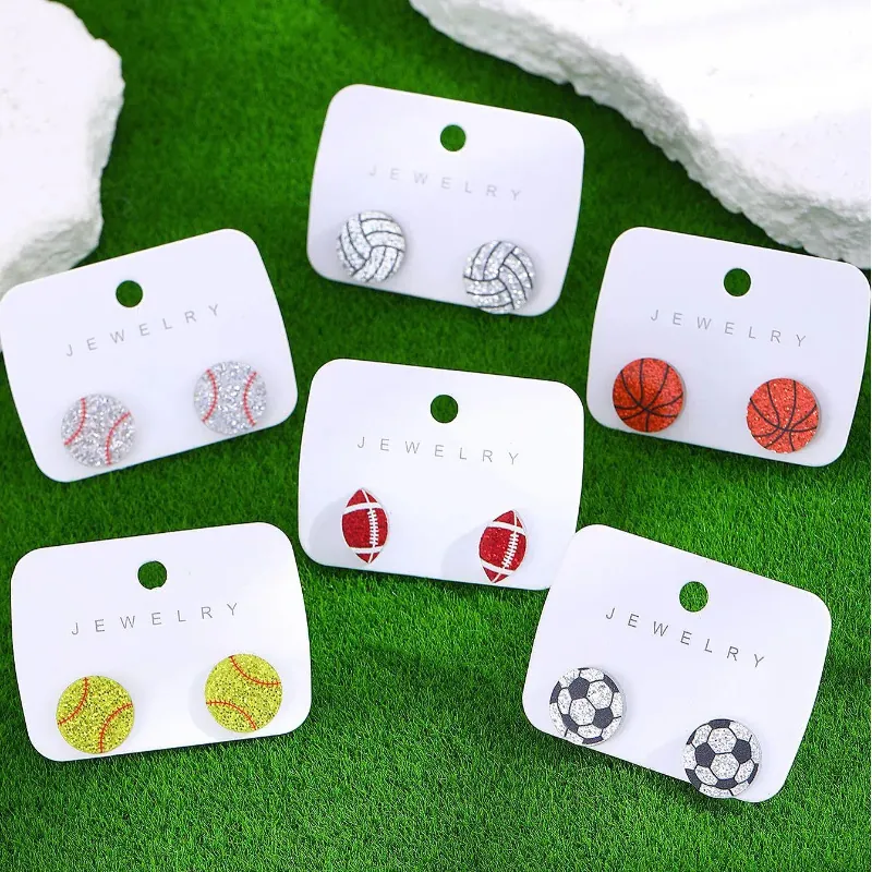Boucles d'Oreilles Pendantes Rétro en Acrylique en Forme de Cœur pour Femmes Motif Basket Baseball Football Volleyball Paillettes Bijoux Cadeau