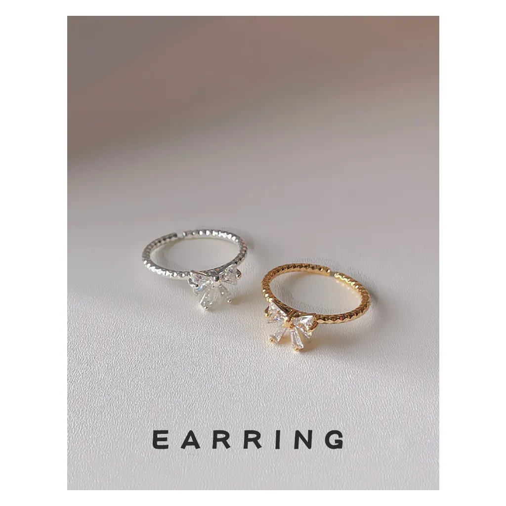 French Style Copper Zirconia Bow Open Ring Adjustable 14K Gold Plated Elegant Ribbon Finger Ring Fashion Jewelry For Women