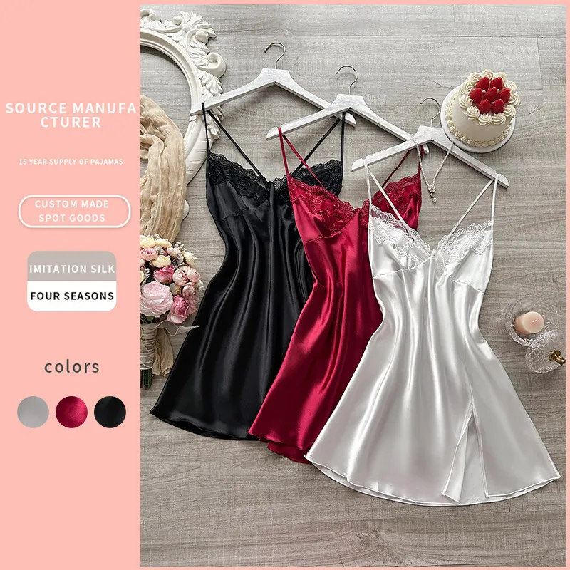 Women Satin Nightgown Lace Trim V Neck Spaghetti Strap Sleepwear Slip Dress Side Slit Elegant Satiny Loungewear