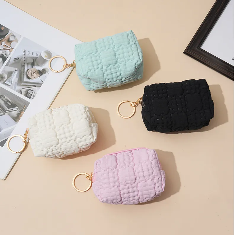 Mini Coin Purse Waffle Quilted Bubble Fabric Small Pouch With Gold Keychain Zip Closure Kawaii Macaron Colors For Women