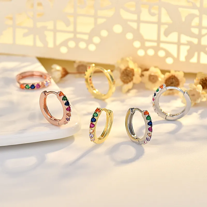 Rainbow Rainbow Zirconia Hoop Earrings 925 Sterling Silver Post Copper Real Gold Plated Huggie Hoop Earrings For Women Fashion Jewelry