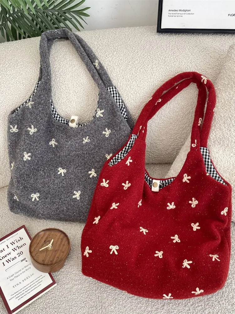 Sac Cabas En Peluche À Nœud Brodé Grande Capacité Sac À Épaule En Polaire Avec Doublure Vichy Style Rétro Doux