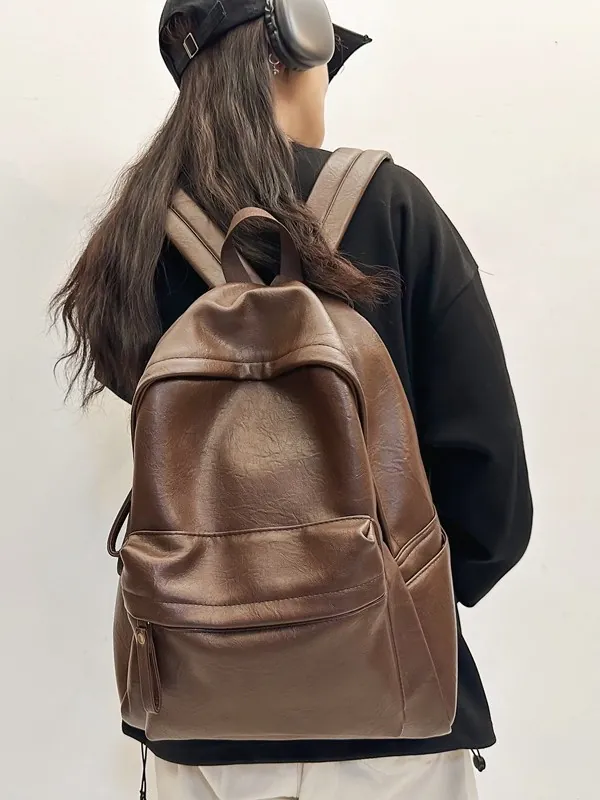 Large Capacity PU Leather Backpack Men Women Korean Style Laptop Travel School Bag Urban Simple Retro Wear-Resistant