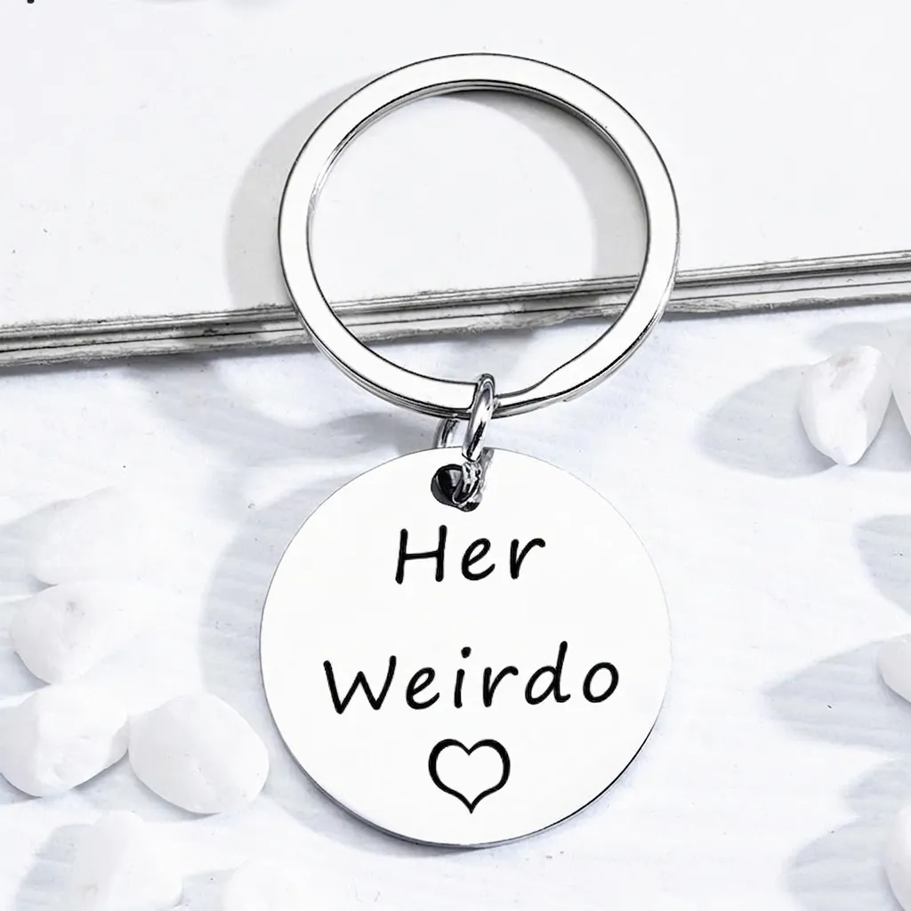 Stainless Steel Round Tag Keychain Engraved His Crazy Her Weirdo Heart Pattern Anniversary Gift