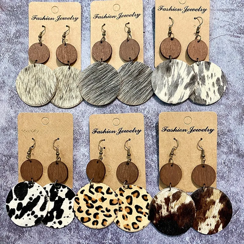 Vintage Bohemian Dangle Earrings Wood Genuine Leather Pony Hair Cow Leopard Print Western Style Jewelry For Women