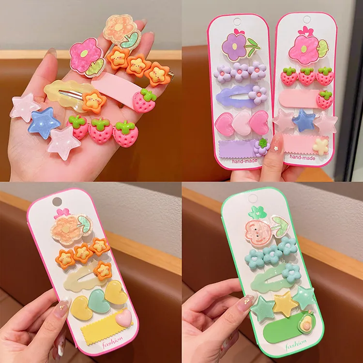 Children's Hair Clip Set Cute Acrylic Flower Strawberry Heart Star Hairpins For Girls Sweet Macaron Color Hair Accessories