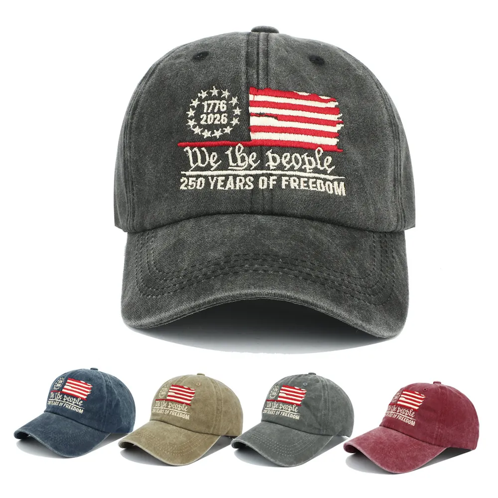 Washed Cotton Baseball Cap We The People Freedom Anniversary American Flag Embroidery Distressed Adjustable Hat Men Women
