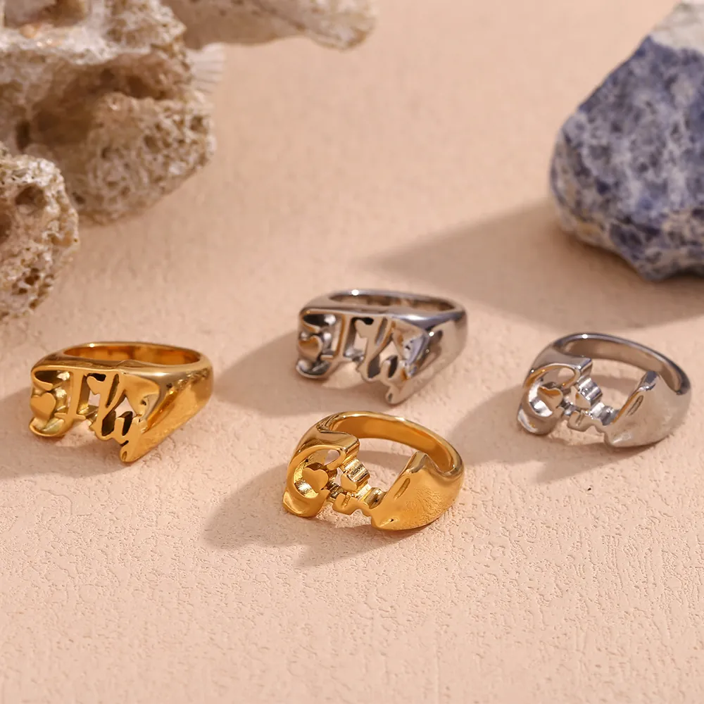 Hip Hop Stainless Steel 18K Gold Plated Ring Heart Fly Girl Letter Hollow Out Band Ring For Women Fashion Jewelry Gift