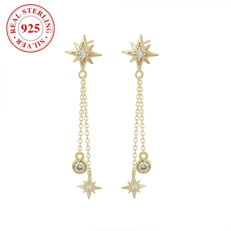 925 Sterling Silver Eight Pointed Star Tassel Earrings For Women Elegant Rhinestone Long Dangle Stud Earrings Fashion Jewelry Gift