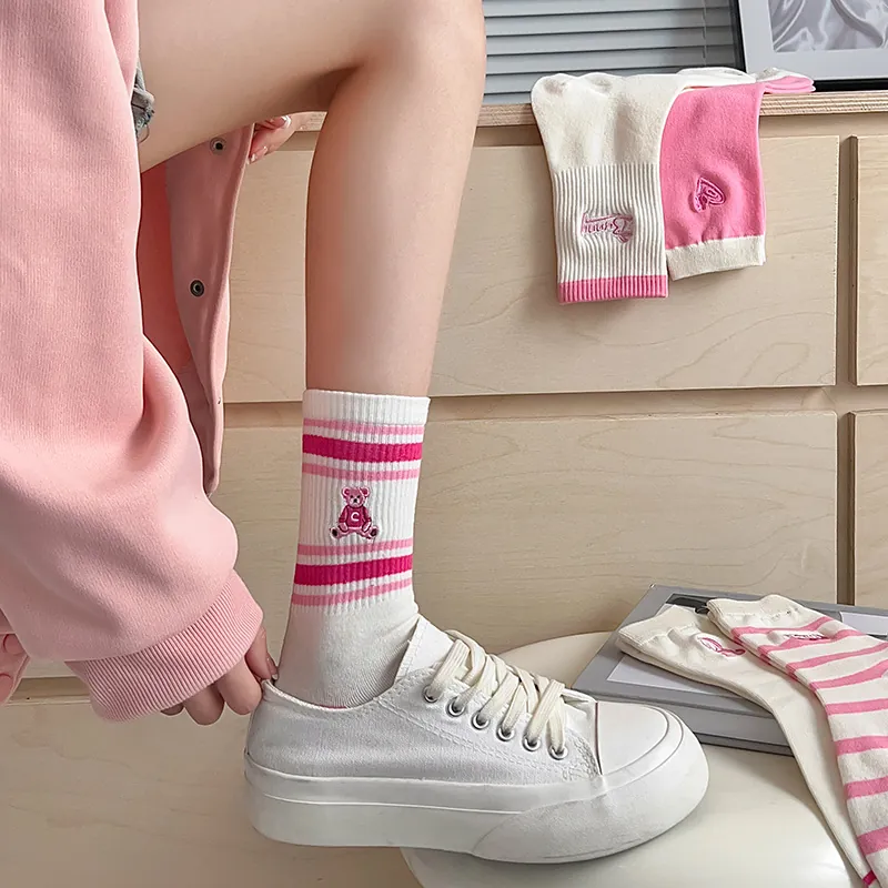 Women Mid Calf Socks Cotton Sweet Pink White Striped Bear Heart Letter Embroidery Japanese Style Cute Breathable