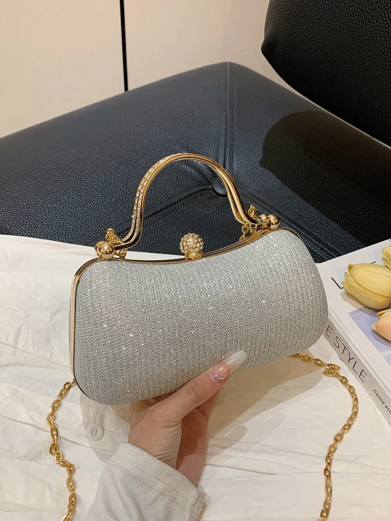 Elegant Women Evening Clutch Bag Glitter Sparkly Handbag With Rhinestone Lock And Metal Handle Chain Strap For Party Wedding