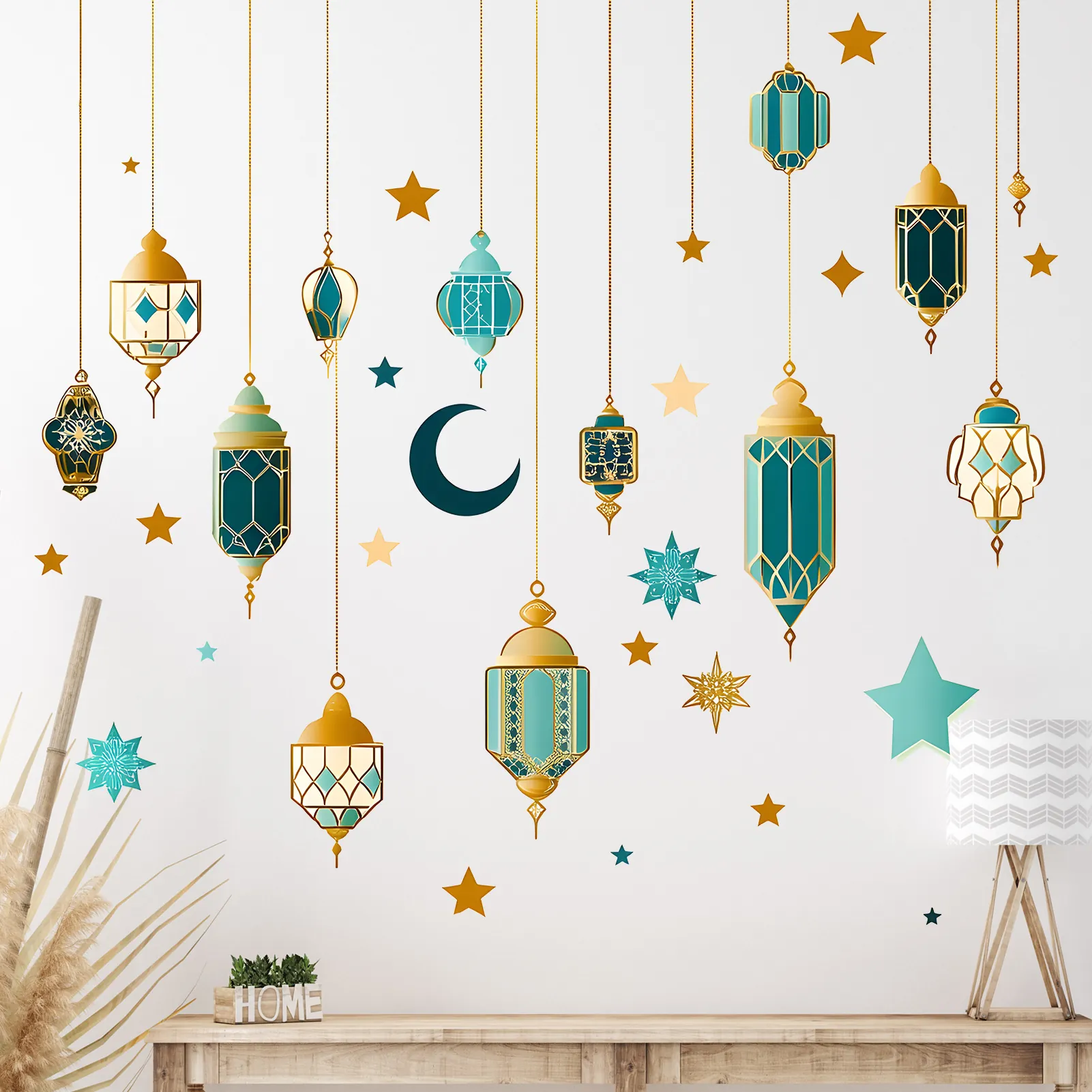 Ramadan Wall Stickers PVC Hanging Lanterns Moon Star Decals For Bedroom Living Room Decor Eid Mubarak Ornament