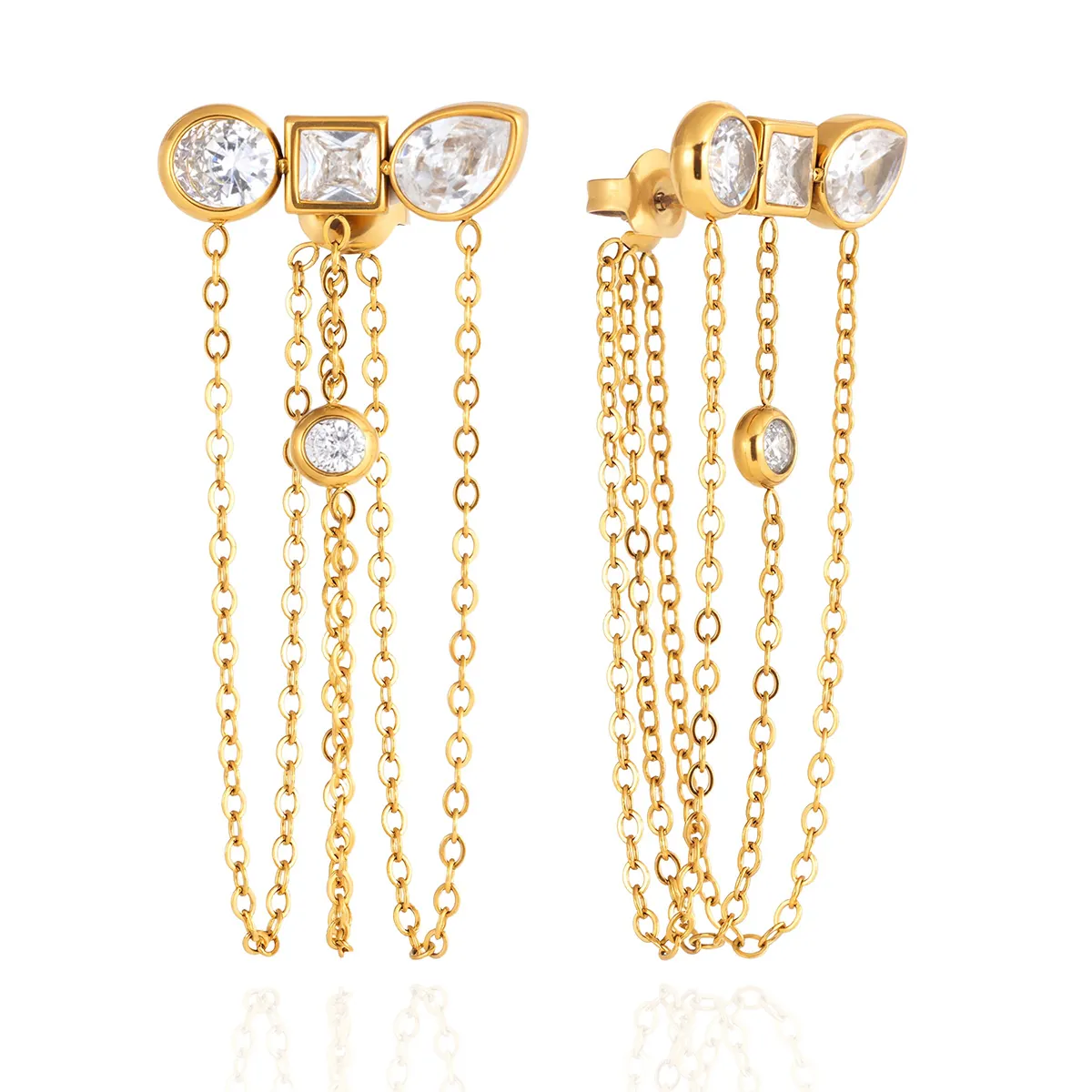 Roestvrijstalen Kwastjes Oorbellen Voor Dames Geometrische Strass Inleg Vergulde Lange Ketting Hanger Oorbellen Elegante Mode Sieraden