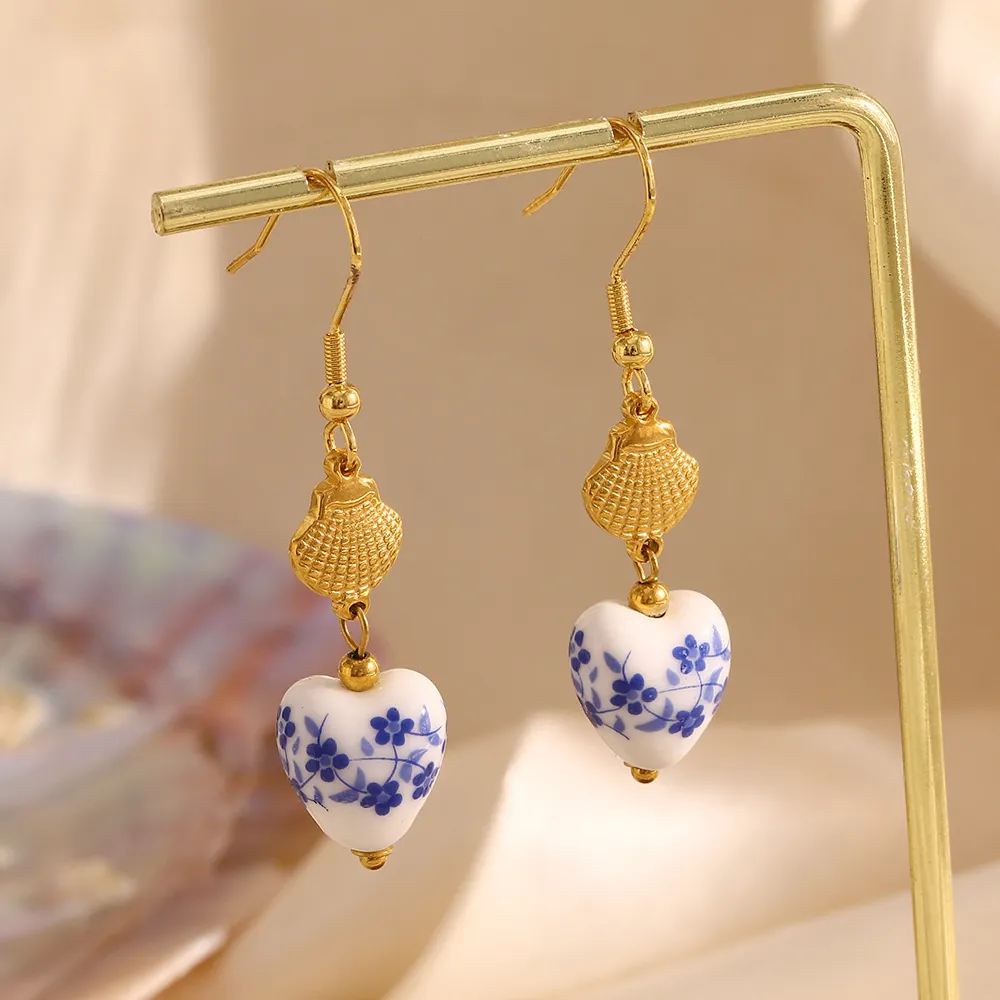 Vintage Heart Dangle Earrings Stainless Steel 18K Gold Plated Blue White Porcelain Ceramic Shell Chic Jewelry Women