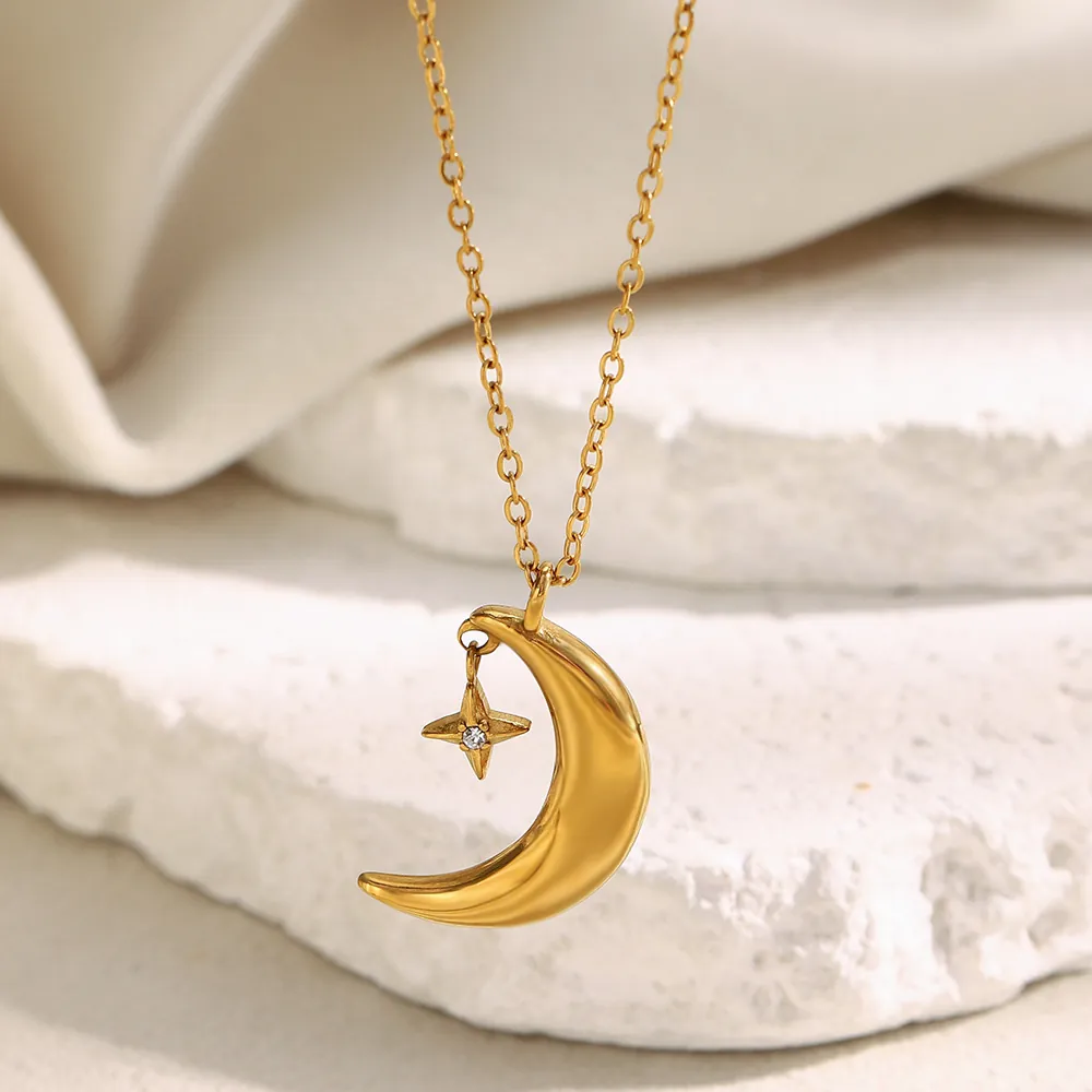 Moon Star Pendant Necklace 18K Gold Plated Stainless Steel With Zircon Delicate Fashion Jewelry For Women Gift