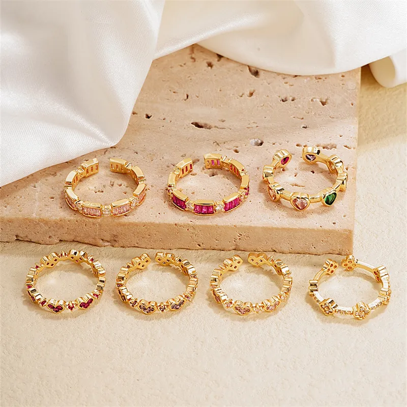 Niche Light Luxury Copper Gold Plated Zircon Rings For Women Adjustable Open Design Geometric Heart Clover Elegant Jewelry