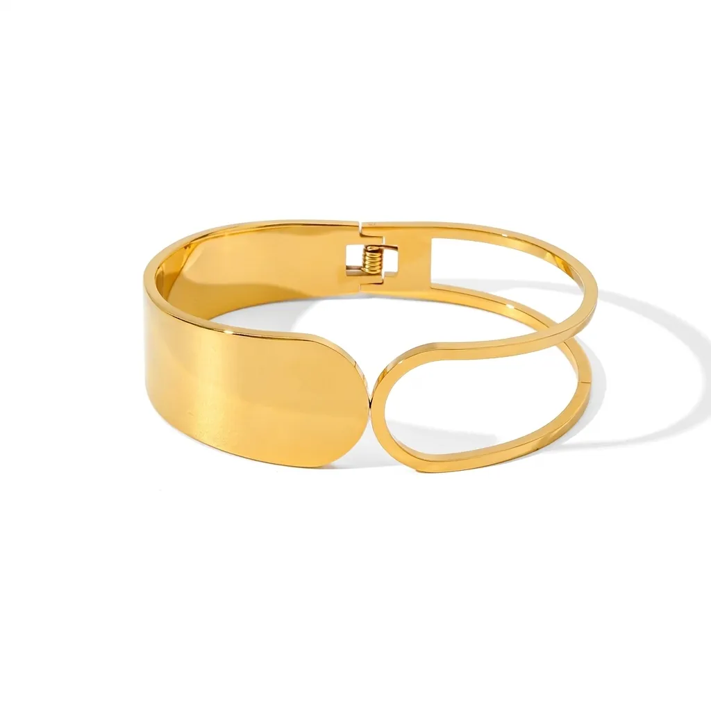 Minimalist Stainless Steel Bangle Wide Geometric Hollow Design Spring Clasp Office Fashion Jewelry For Women