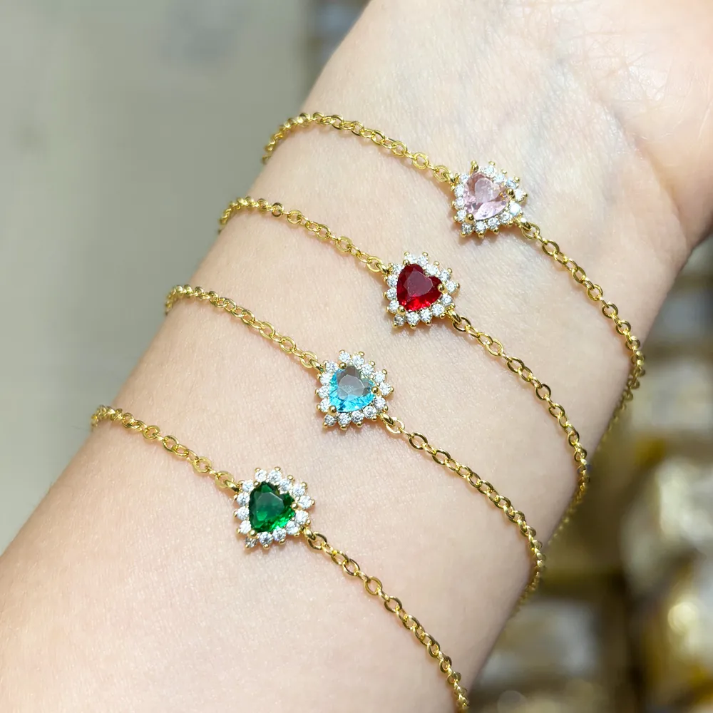 Bracelet Zirconium En Forme De Coeur Femmes Élégant Cuivre Plaqué Or 18K Chaîne Réglable Bijoux Luxe