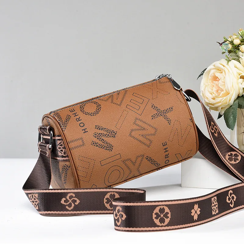 Fashion Women Cylinder Boston Bag PU Leather Letter Print Crossbody Shoulder Purse Wide Strap Casual Travel