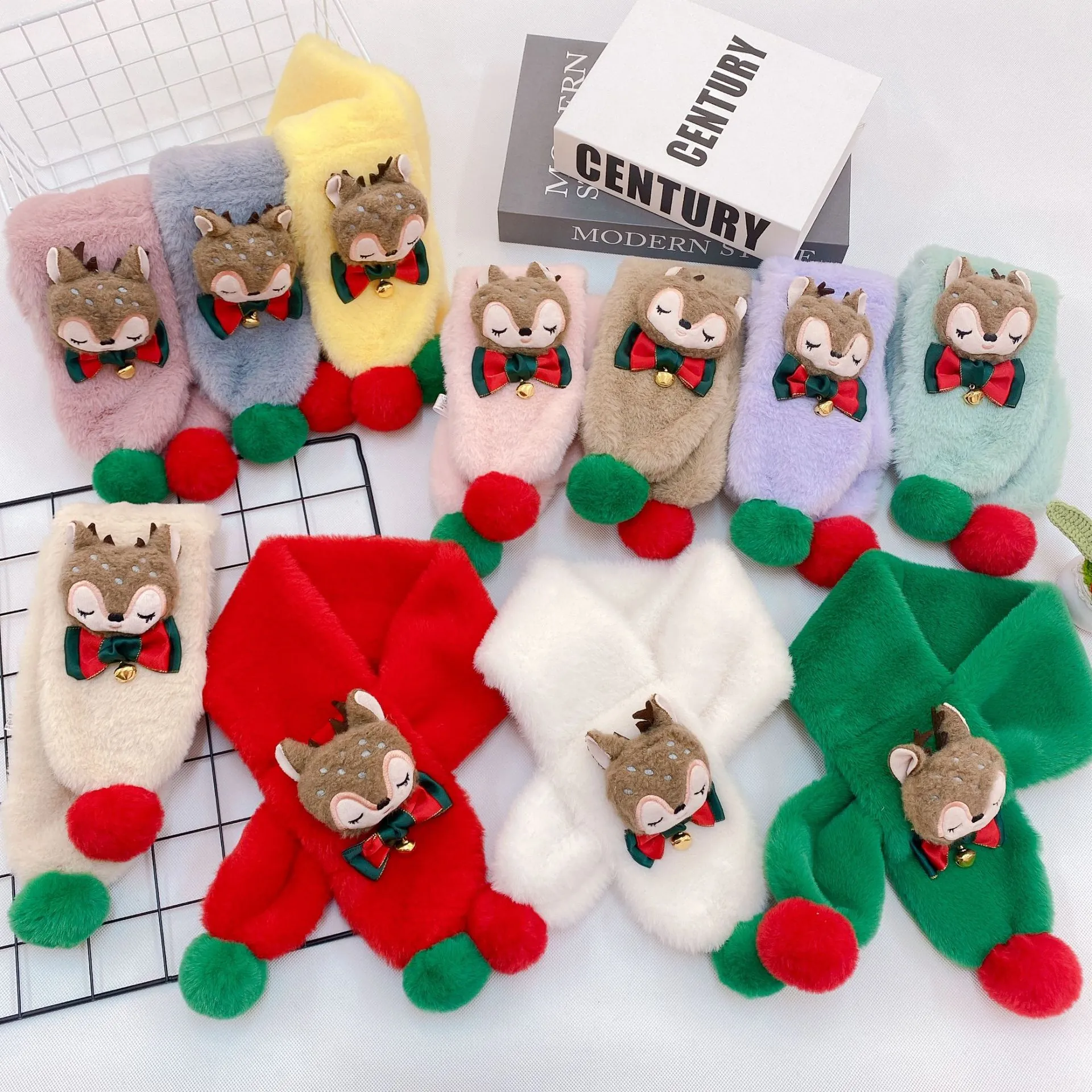 Kids Christmas Scarf Plush Faux Fur Thermal Neck Warmer Winter Cute Cartoon Reindeer Santa Claus For Boys Girls
