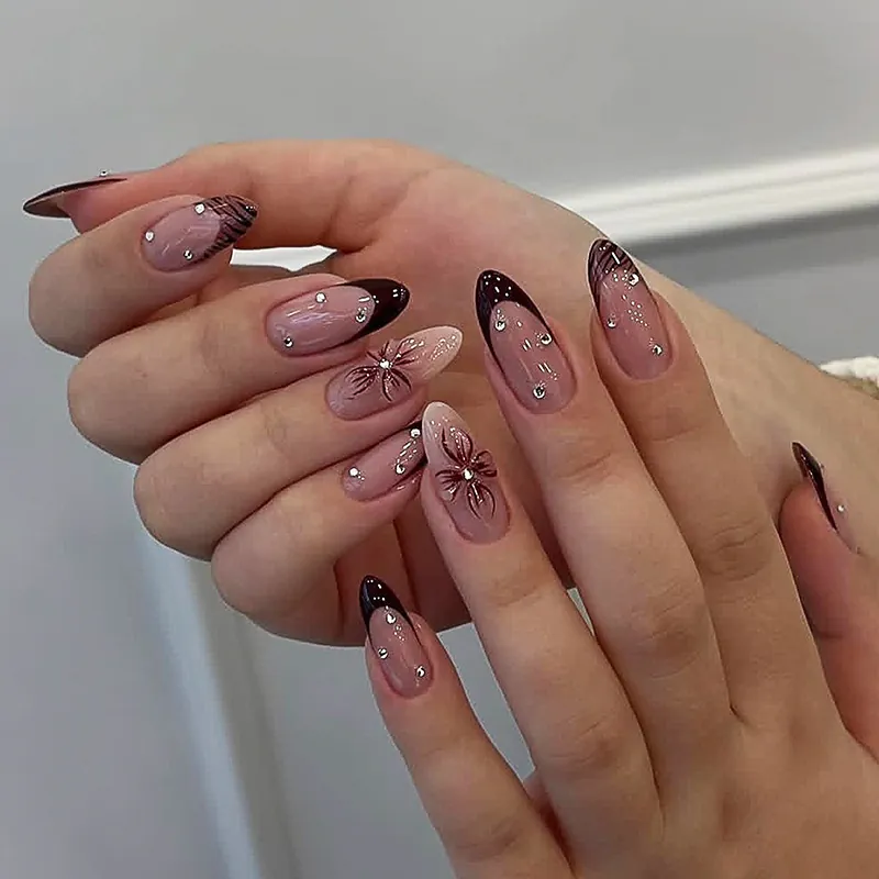 French Tip Press On Nails Long Almond False Nail ABS With Rhinestone 3D Floral Animal Print Zebra Pattern For Women