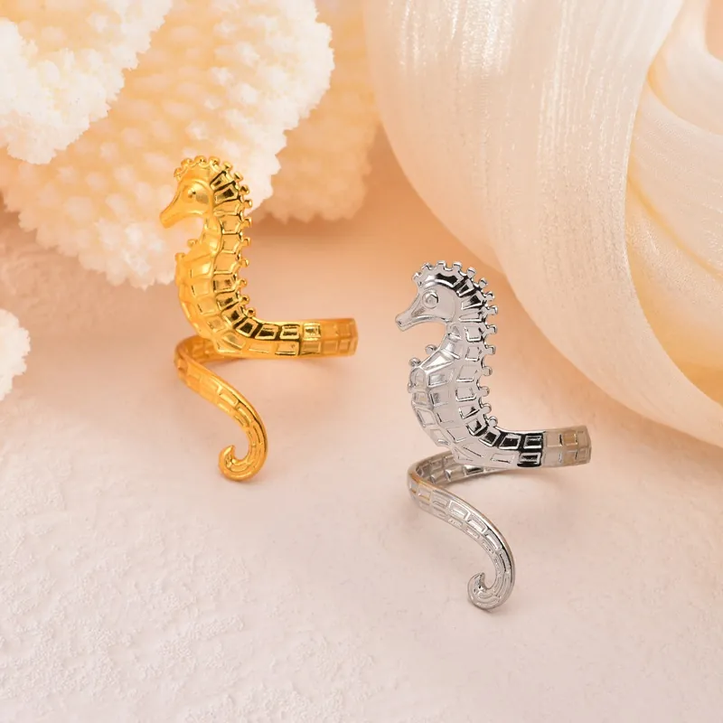 Seahorse Open Ring 18K Gold Plated Stainless Steel Adjustable Ocean Animal Jewelry For Women Tarnish Free