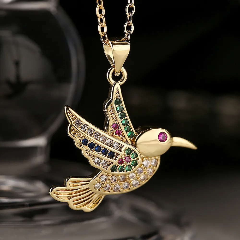 Collana Con Pendente A Forma Di Colibrì Rame Placcato Oro Zircone Multicolore Pietra Cuore Gioielli Da Donna