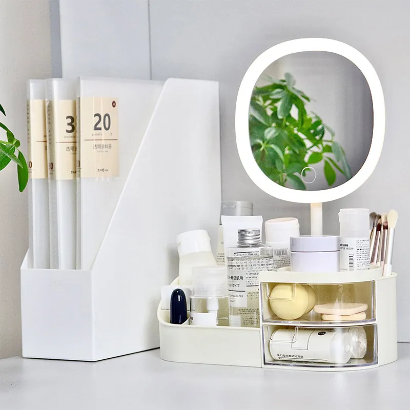 Cosmetic Storage Box With LED Makeup Mirror Desktop Organizer Plastic Vanity Display Transparent Drawers Dressing Table