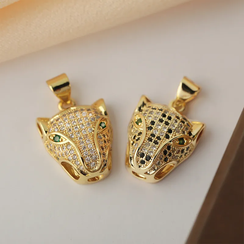 Golden Leopard Head Pendant Copper Zircon Rhinestone Animal Jewelry DIY Accessories For Women Fresh Sweet Style Green Eyes