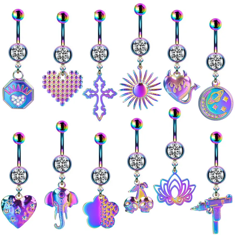 Rainbow Plated Zinc Alloy Belly Rings With Rhinestone Cross Heart Elephant Dangle Body Piercing Jewelry For Women