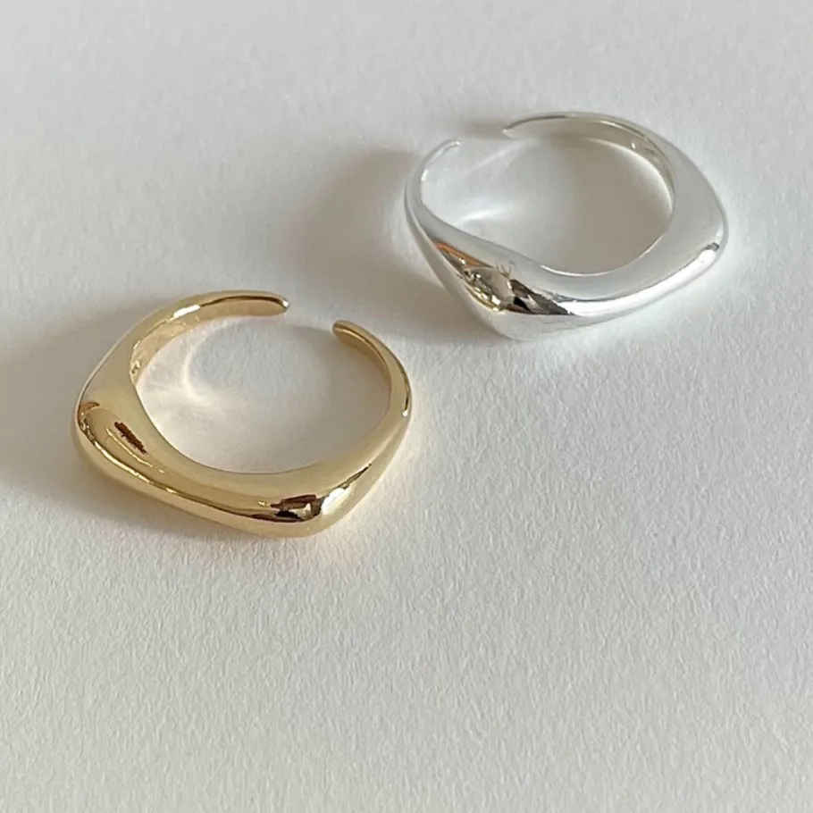 925 Sterling Silber Ring Unregelmäßig Wellenförmig Glänzend Verstellbar Offene Schlaufe Minimalistisch Schick