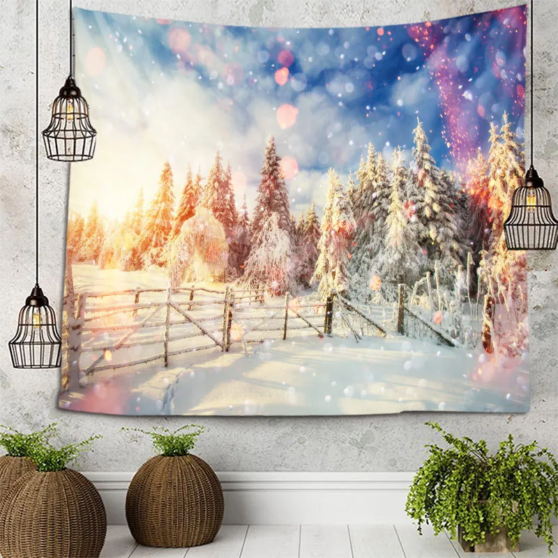 Winterwald Schneeszene Wandteppich Wandbehang Polyestergewebe HD Druck Naturlandschaft Hintergrund Für Schlafzimmer Wohnheim