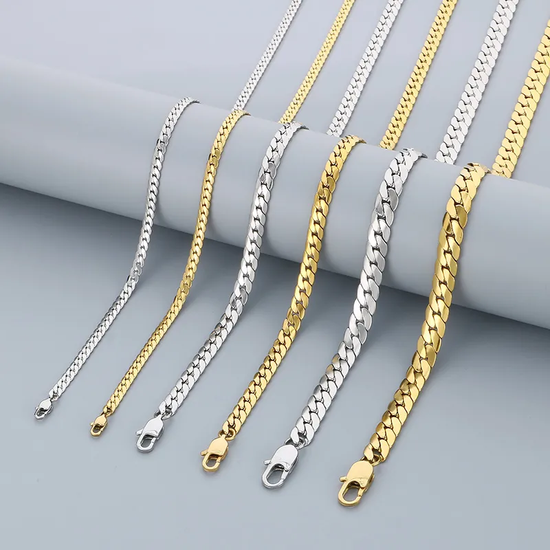 Collier Maille Cubaine Chaîne Gourmette Plate Figaro Acier Inoxydable Bijoux Plaqué Or 18K Mode Hip Hop Homme Femme