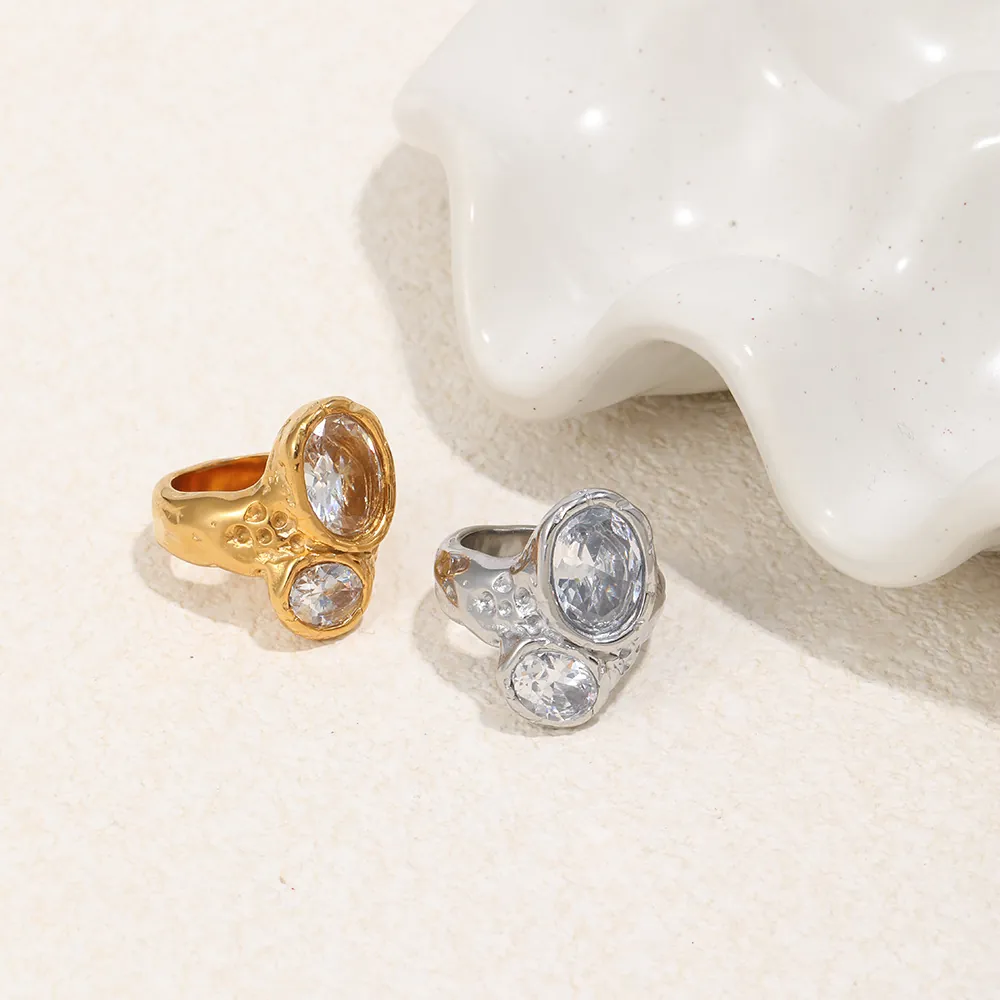 Stainless Steel 18K Gold Plated Ring Irregular Lava Texture Oval Round Zircon French Vintage Jewelry Women