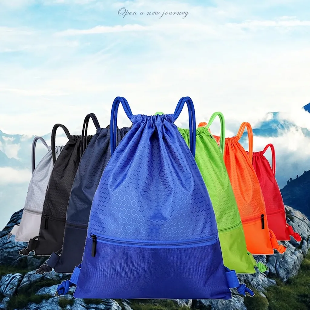 Drawstring Backpack Lightweight Waterproof Nylon Honeycomb Texture Sackpack With Front Zipper Pocket For Gym Sports Travel