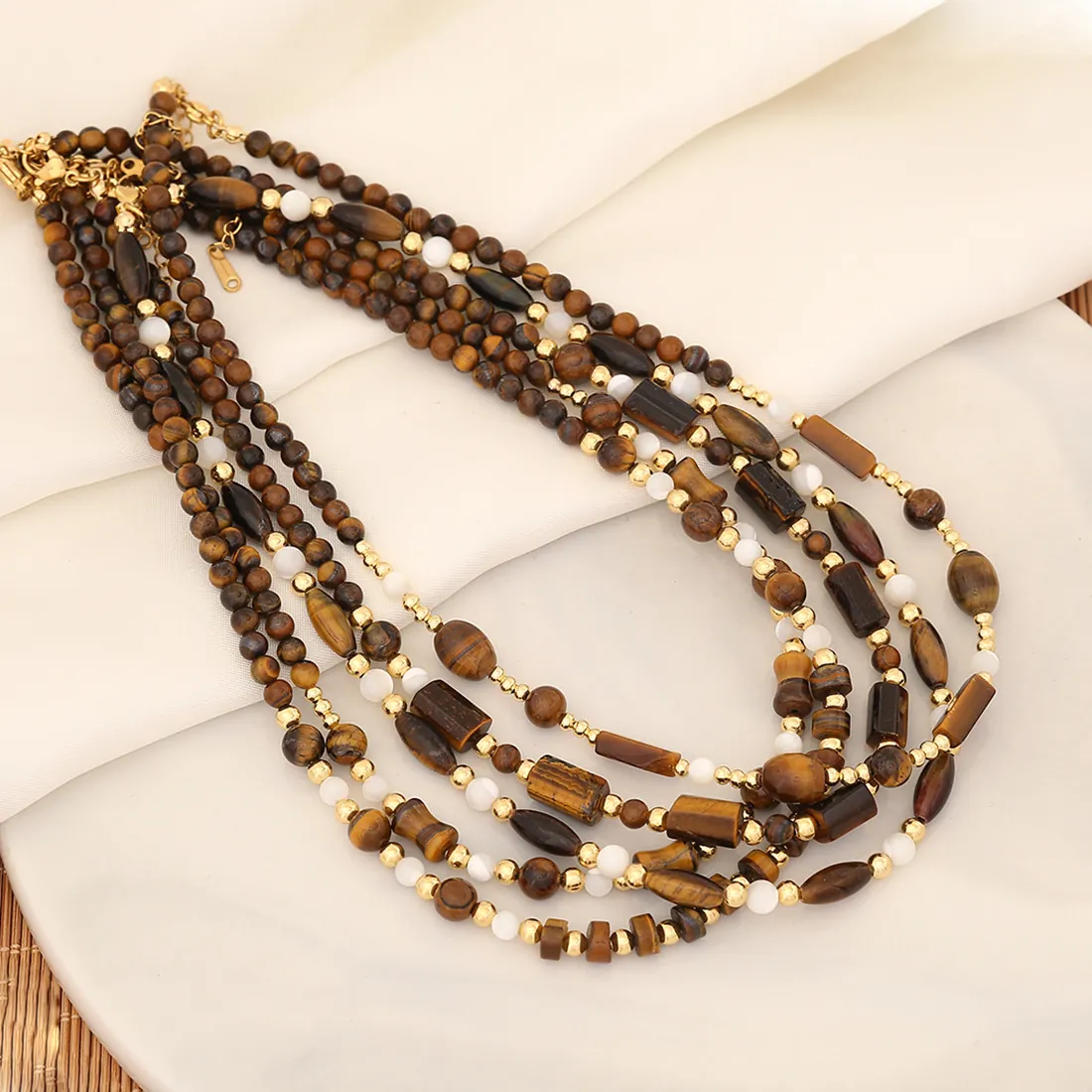 Collar De Cuentas De Ojo De Tigre Con Latón Acero Inoxidable Y Concha Joyería Retro Maillard Para Mujer