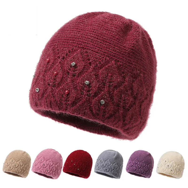 Women Knitted Beanie Hat Warm Winter Thick Fleece Lined Artificial Pearl Rhinestone Hollow Leaf Pattern Elegant For Elderly Mom