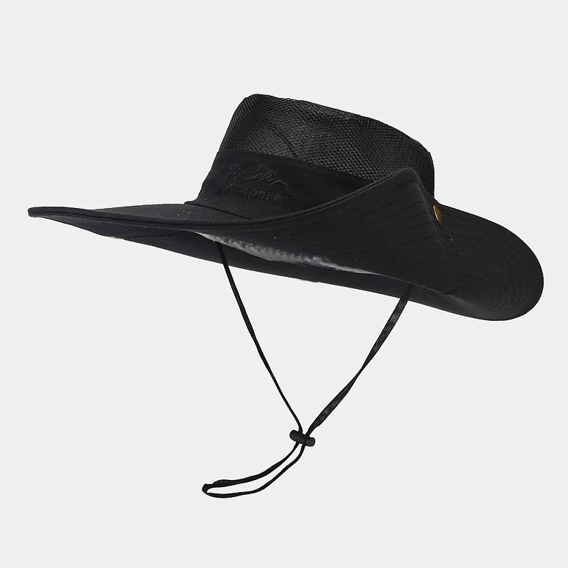 Polyester Outdoor Sun Hat Breathable Mesh Quick-Drying UV Protection Wide Brim Fisherman Hat With Adjustable Windproof Rope