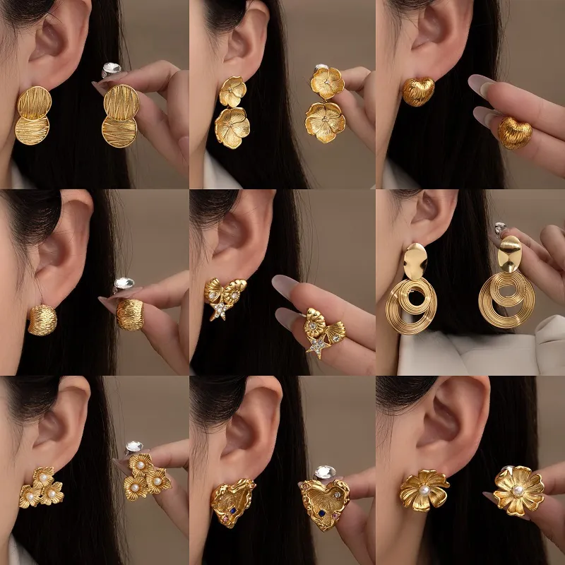 French Vintage Titanium Steel Earrings For Women Gold Plated Geometric Flower Heart Starfish Rhinestone Artificial Pearl Stud Earrings Elegant Lightweight Jewelry