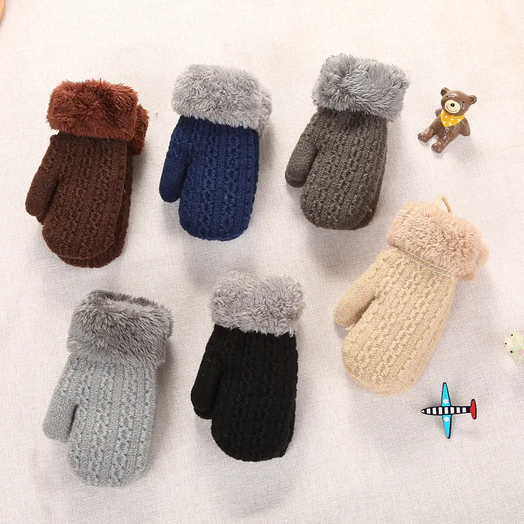 Kids Knitted Mittens With Hanging String Winter Warm Thick Fleece Lined Gloves For Boys Girls Toddlers