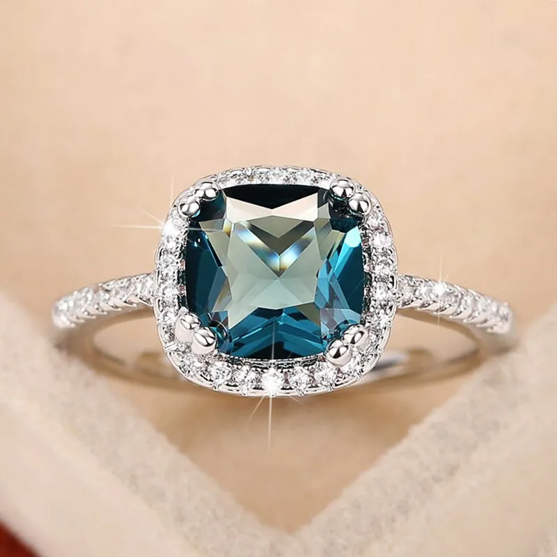 Vintage Royal Blue Zircon Square Ring Cushion Cut Halo Copper Engagement Jewelry For Women