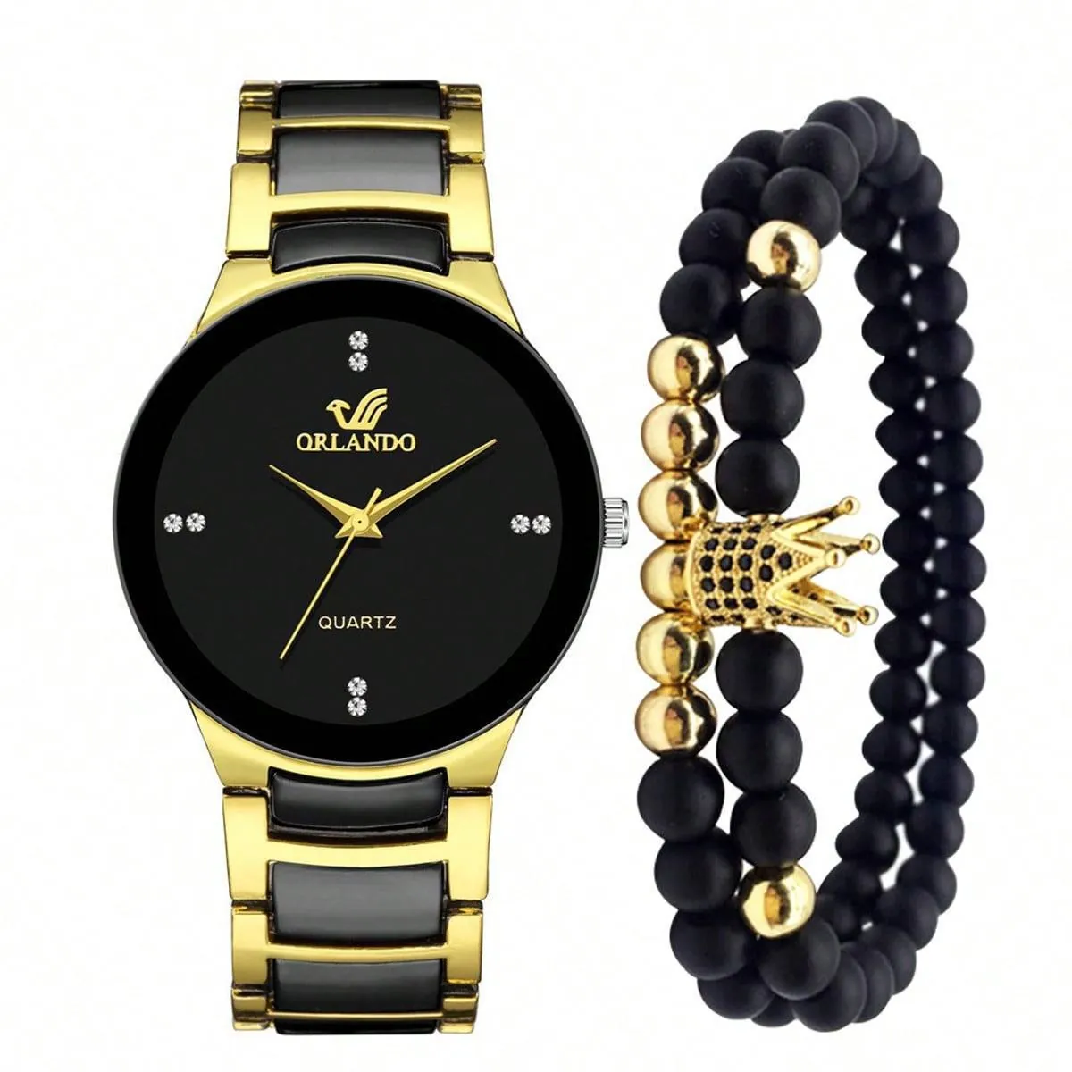 Men Quartz Wristwatch And Beaded Bracelets Luxury Rhinestone Round Dial Alloy Steel Band Business Casual Crown Charm