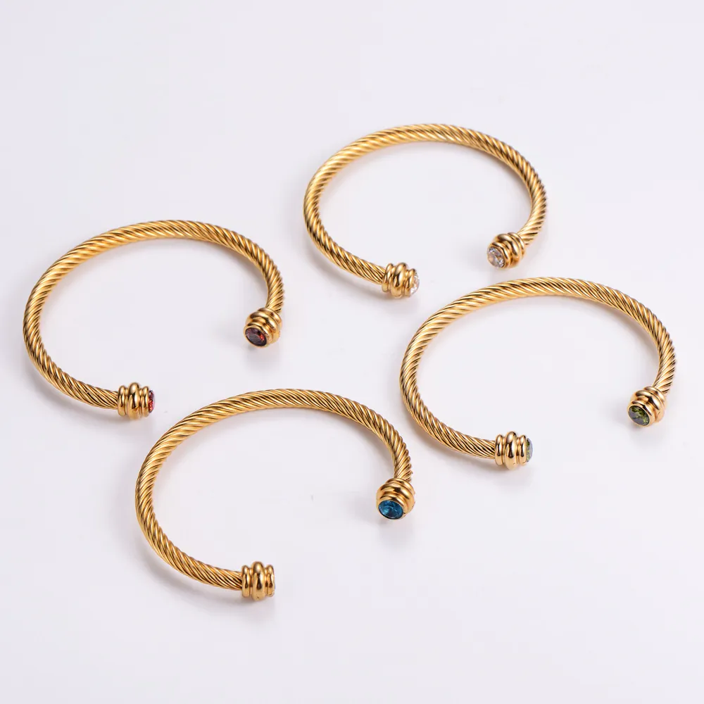 Bracelet Jonc Ouvert Fil Torsadé Acier Inoxydable Strass Incrusté Bijoux De Mode Femmes Élégant Rétro