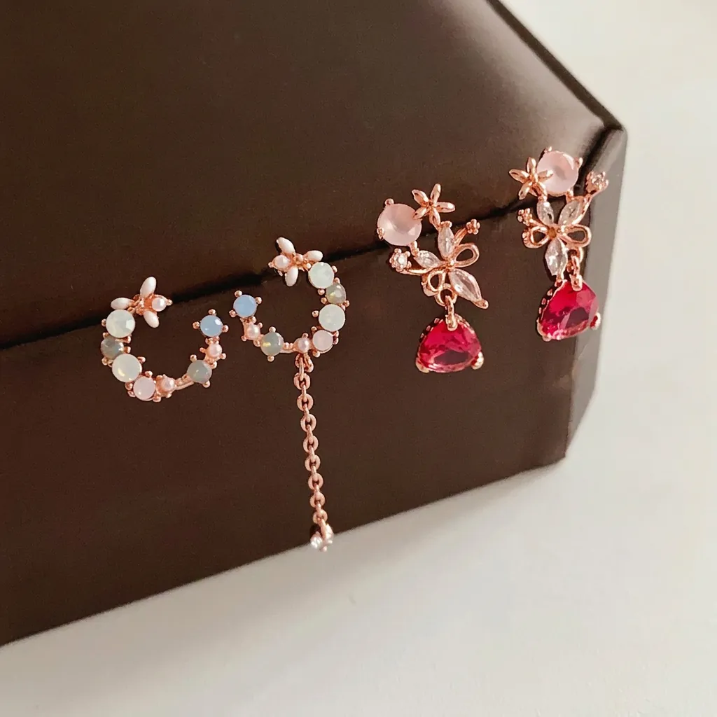 Orecchini Asimmetrici Fiore Luna Con Perno In Argento Zircone Oro Rosa Rame Goccia Acqua Nappa Gioielli Eleganti