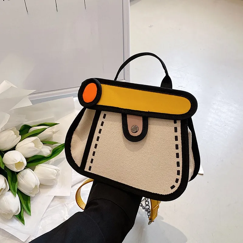 2D Cartoon Manga Style Crossbody Bag Canvas Handbag With Metal Chain Strap Color Block Fashion Design For Women