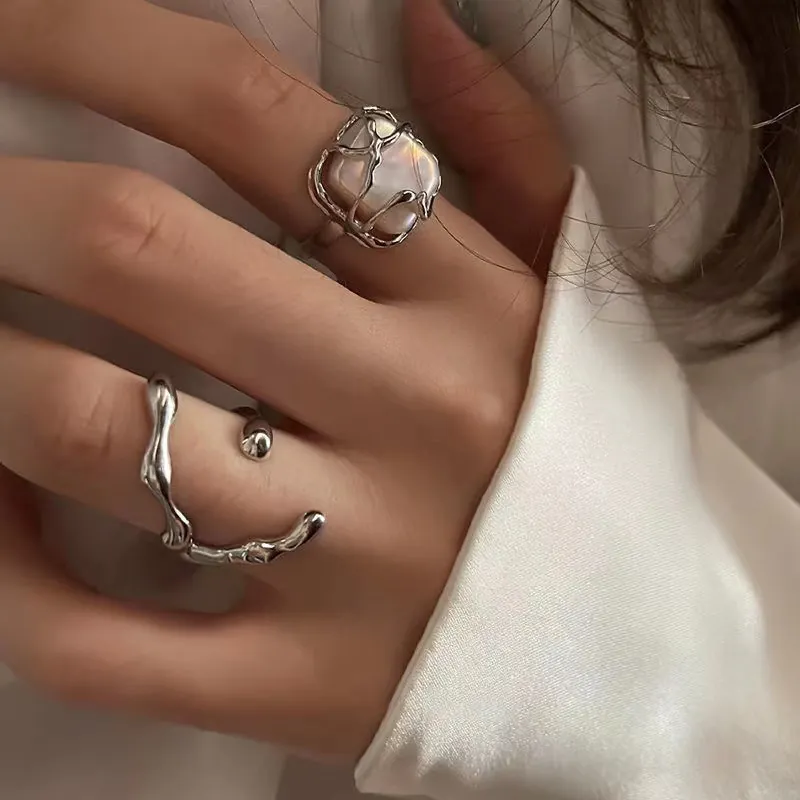 Irregular Liquid Metal Rings For Women Geometric Adjustable Open Ring Mother Of Artificial Pearl Minimalist Chic Jewelry