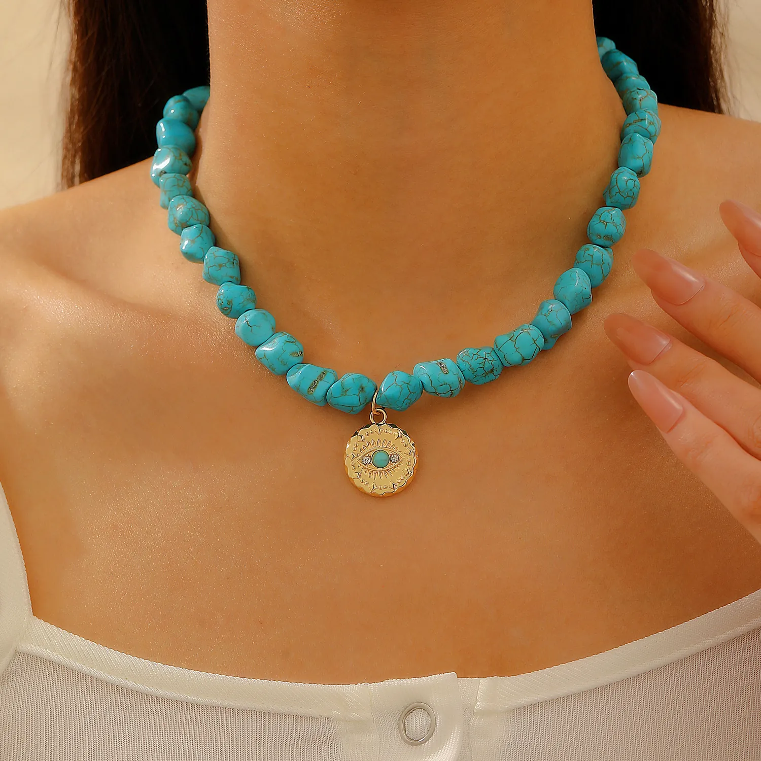 Bohemian Irregular Turquoise Beaded Necklace For Women Vintage Alloy Evil Eye Sun Heart Artificial Baroque Pearl Pendant Jewelry