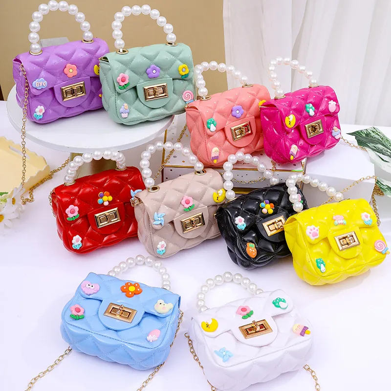 Kids Mini Crossbody Bag Silicone Jelly Artificial Pearl Handle Chain Strap DIY Cartoon Stickers Quilted Princess Coin Purse